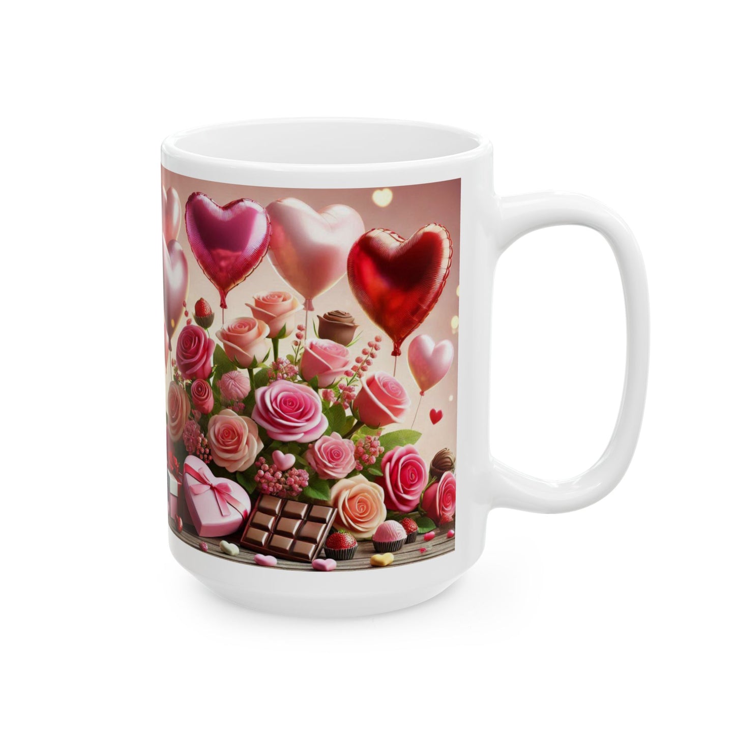 Valentine's Day Ceramic Mug, Pink and White Valentine's Coffee Cup, Romantic Valentine's Gift, 11oz, 15oz - Balloons, Roses, Chocolates
