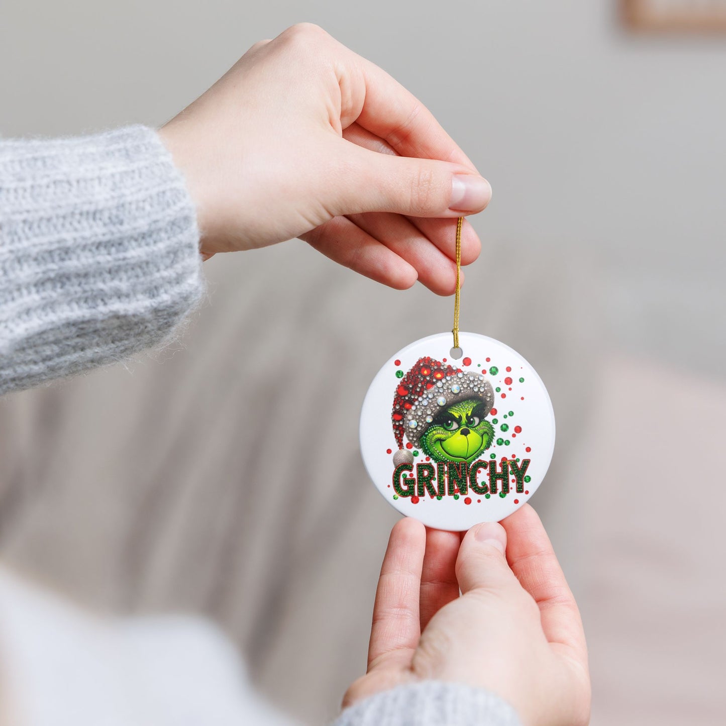 Grinchy Face Holiday Ornament | Ceramic Christmas Decoration