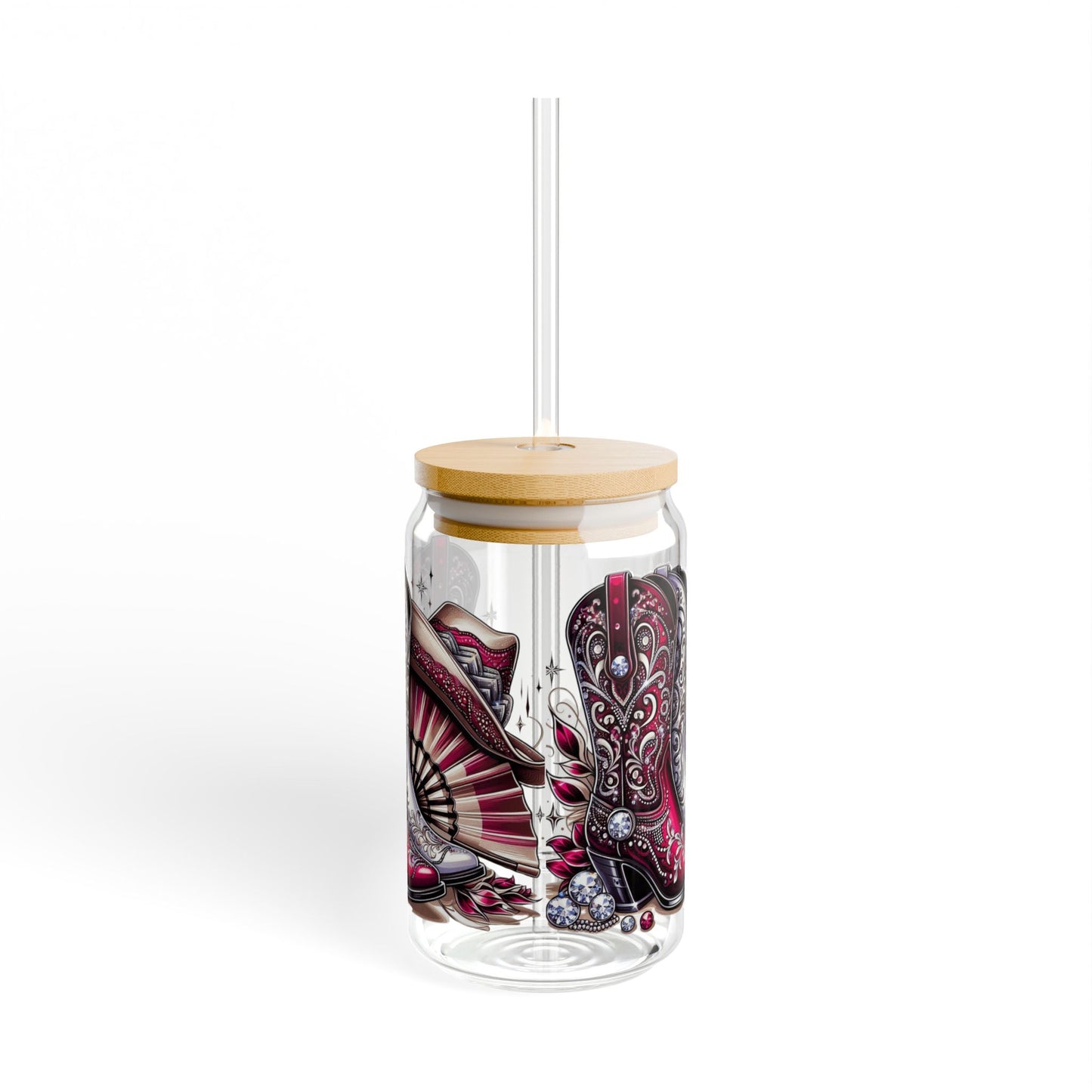 Bohemian Sipper Glass - Maroon Boots on the Ground Design, Stylish Drinkware, Parties, Gifts, Vintage, Eco-Friendly