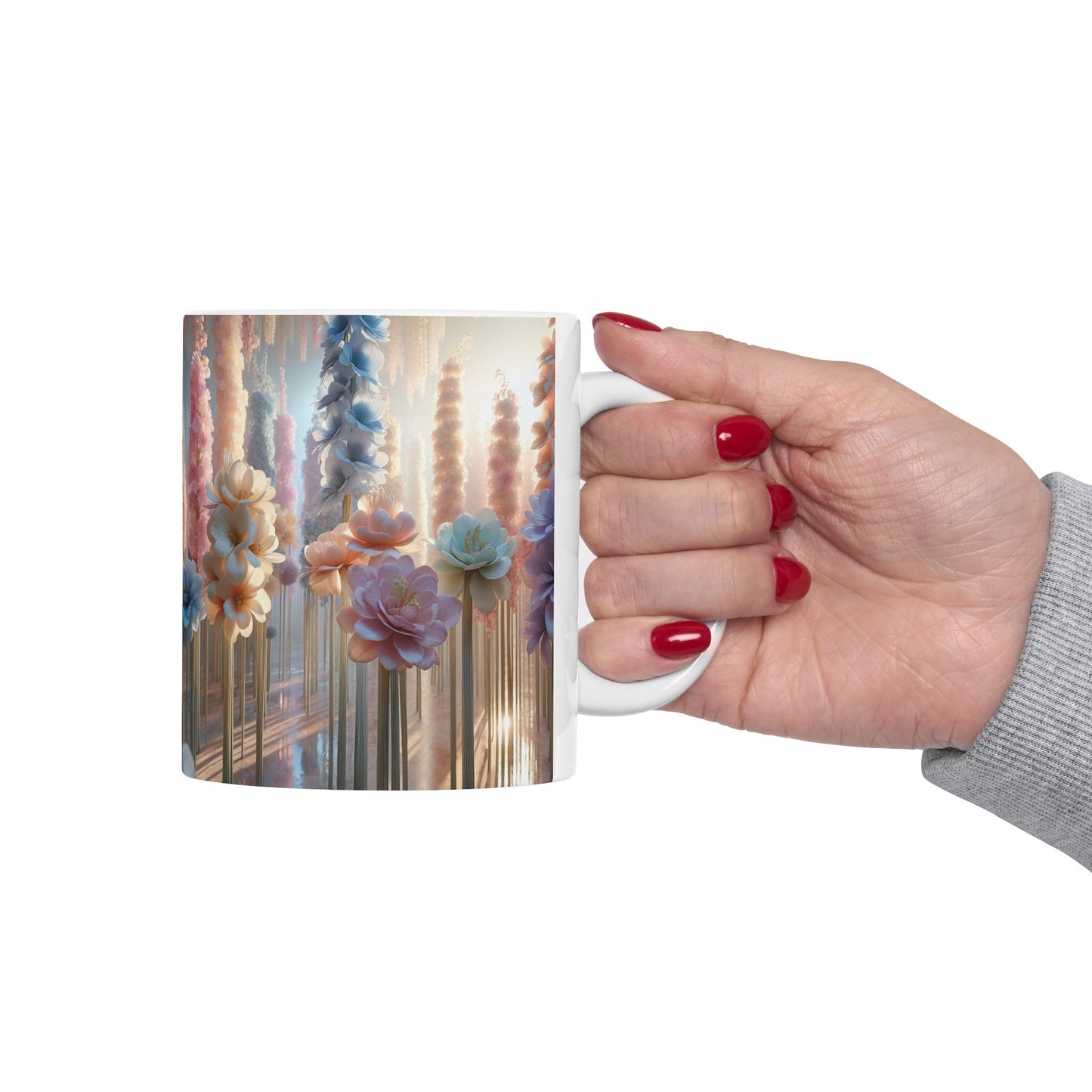 Floral Elegance Ceramic Mug - 11oz, Coffee Cup for Nature Lovers, Beautiful long stem pastel florals