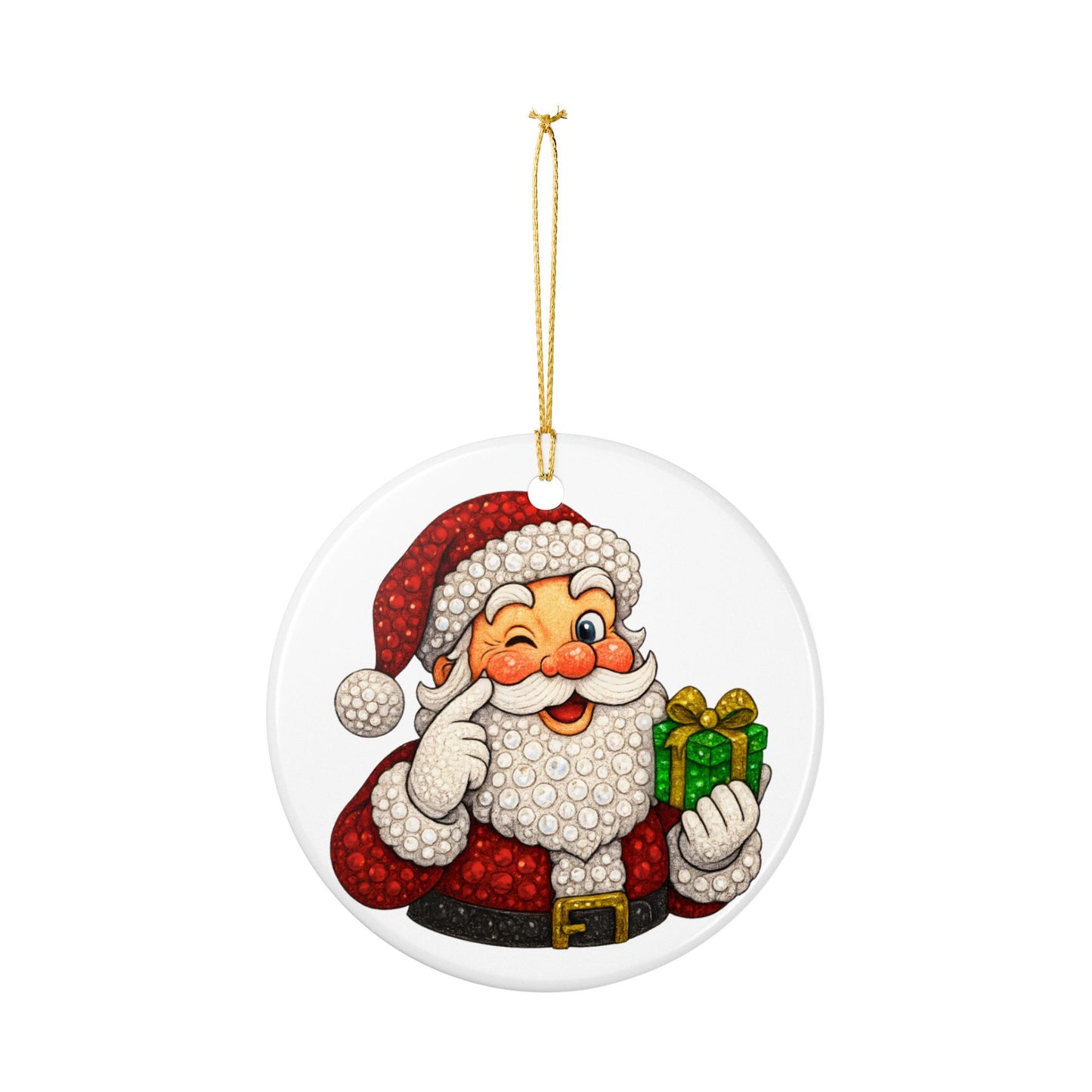 Winking Santa with Present Ceramic Ornament | Christmas Tree Decoration