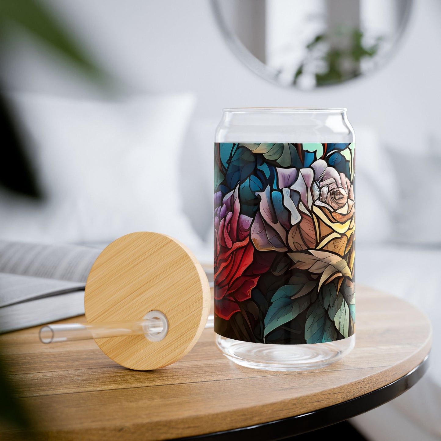 Floral Design Sipper Glass - 16oz Eco-Friendly Drinkware with Bamboo Lid