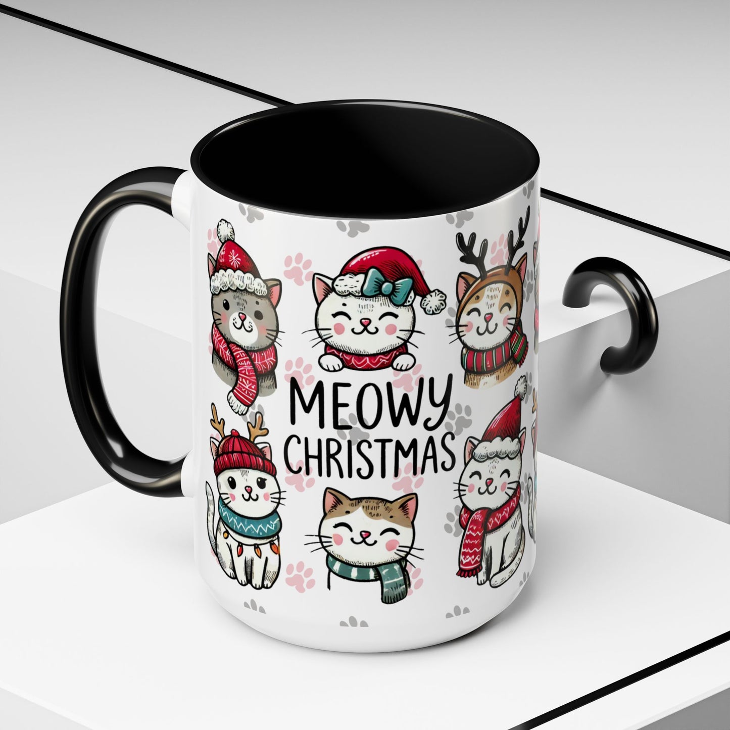 Meowy Christmas Cat Paw Accent Coffee Mug | Cats in Hats Scarves Antlers