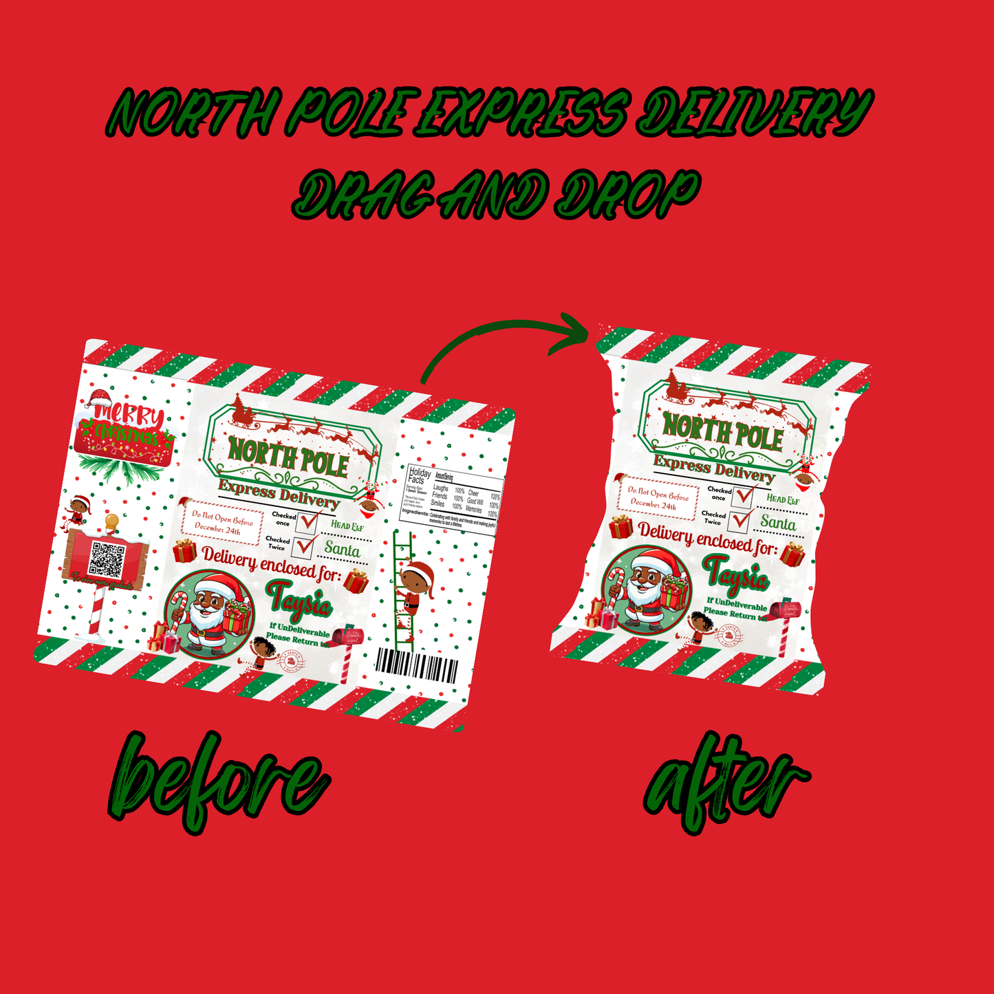 Christmas Chip Bag Template, North Pole Express Delivery Chip Bag, Holiday Party Favor, Red and White Chip Bag