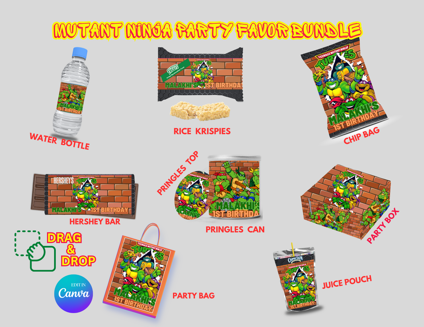 Mutant Ninja Turtle Party Favor Bundle Canva Designs & Templates (9 Editable Templates)
