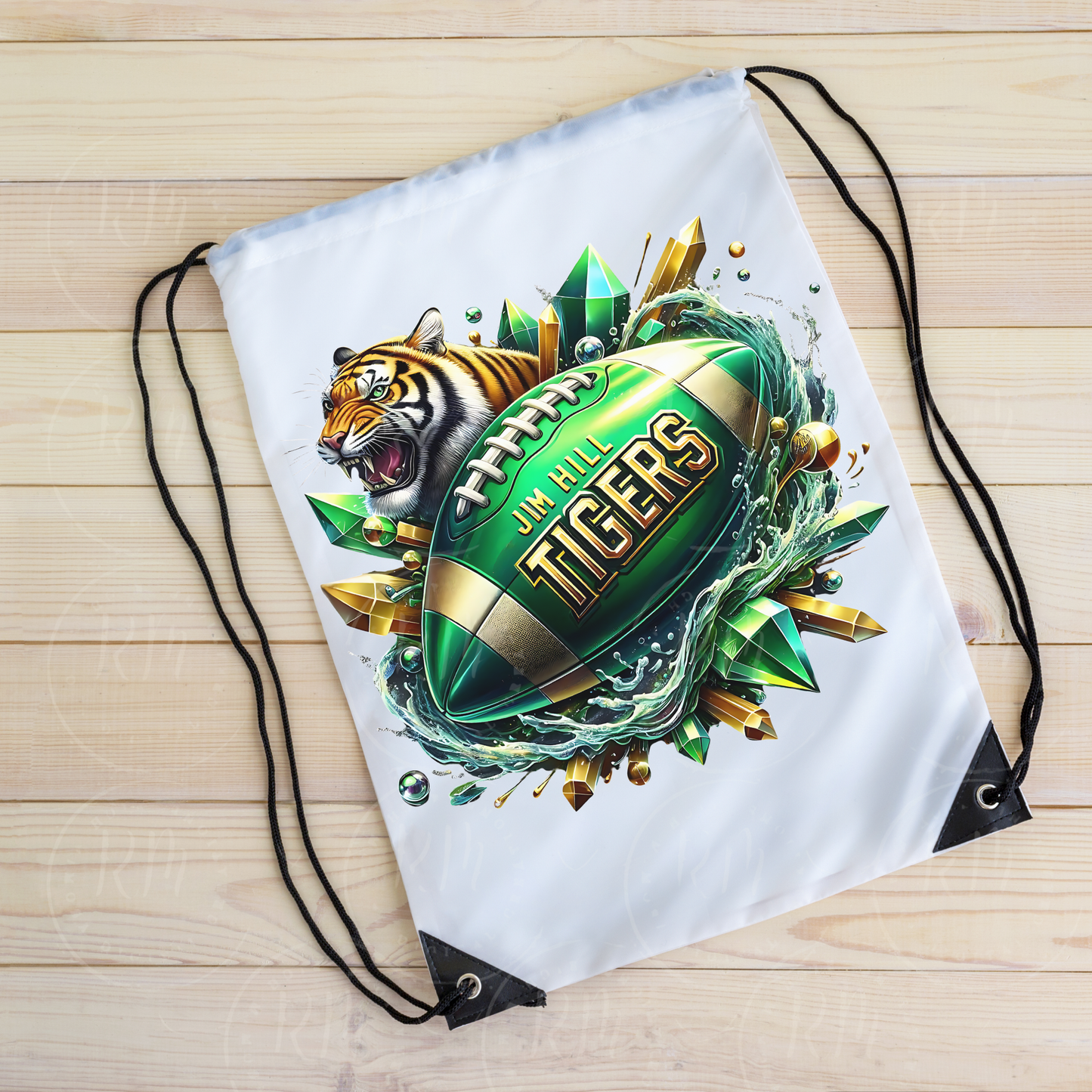 Jim Hill Tigers Football Clipart – Fierce Roaring Tiger Mascot with Green and Gold Football, High School Sports Team PNG for Merch, Apparel, and Digital Designs