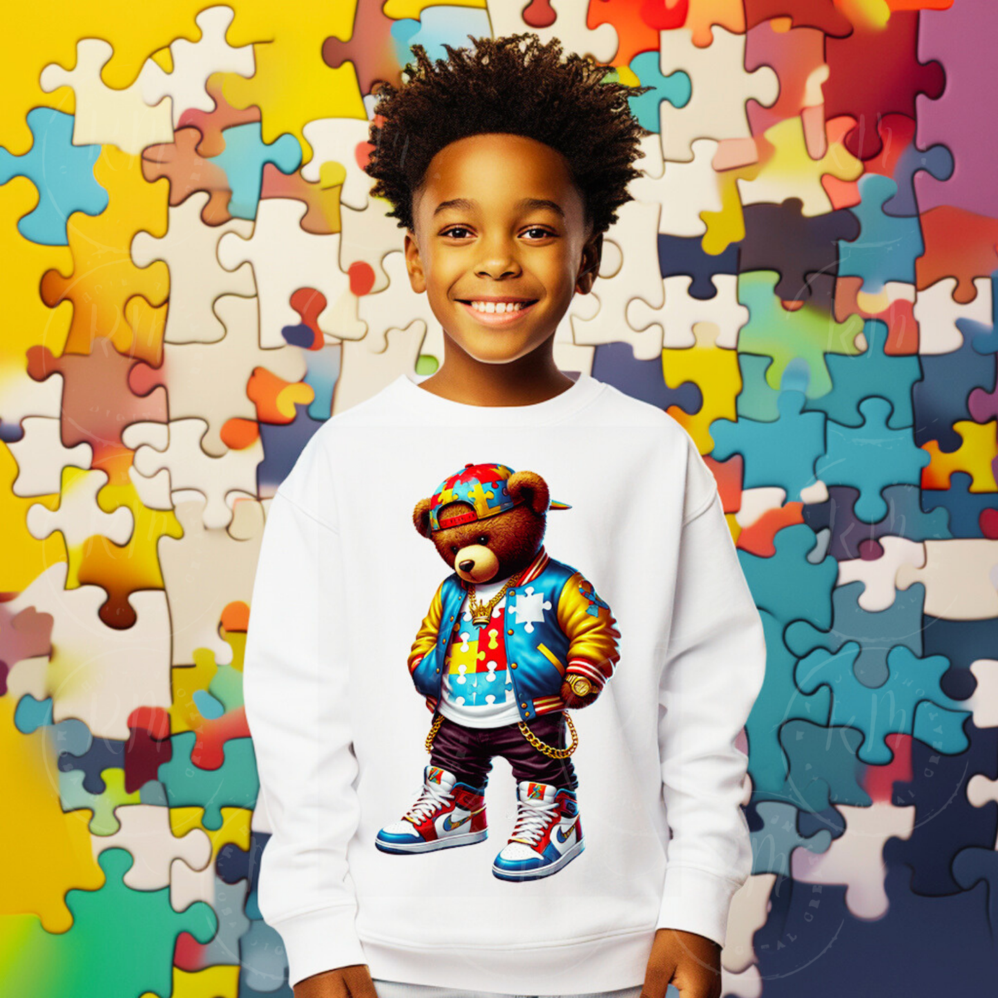 Autism Awareness Streetwear Teddy Bear Art – Colorful Puzzle Piece Hip-Hop Bear with Sneakers & Chains | High-Resolution PNG Download