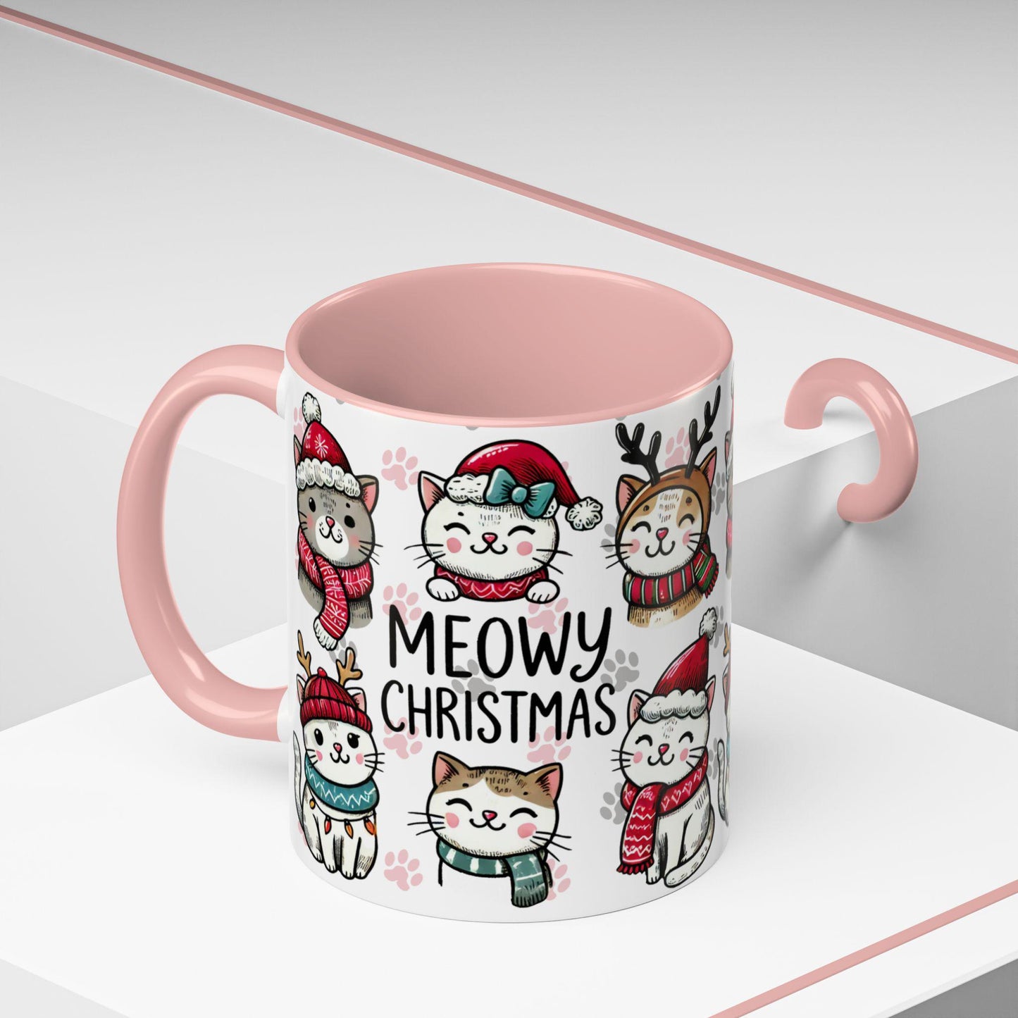 Meowy Christmas Cat Paw Accent Coffee Mug (11, 15oz), Cute Cats in Hats, Scarves, Antlers, Pink or Black, Holiday Gift, Cat Lover Mug, Funny