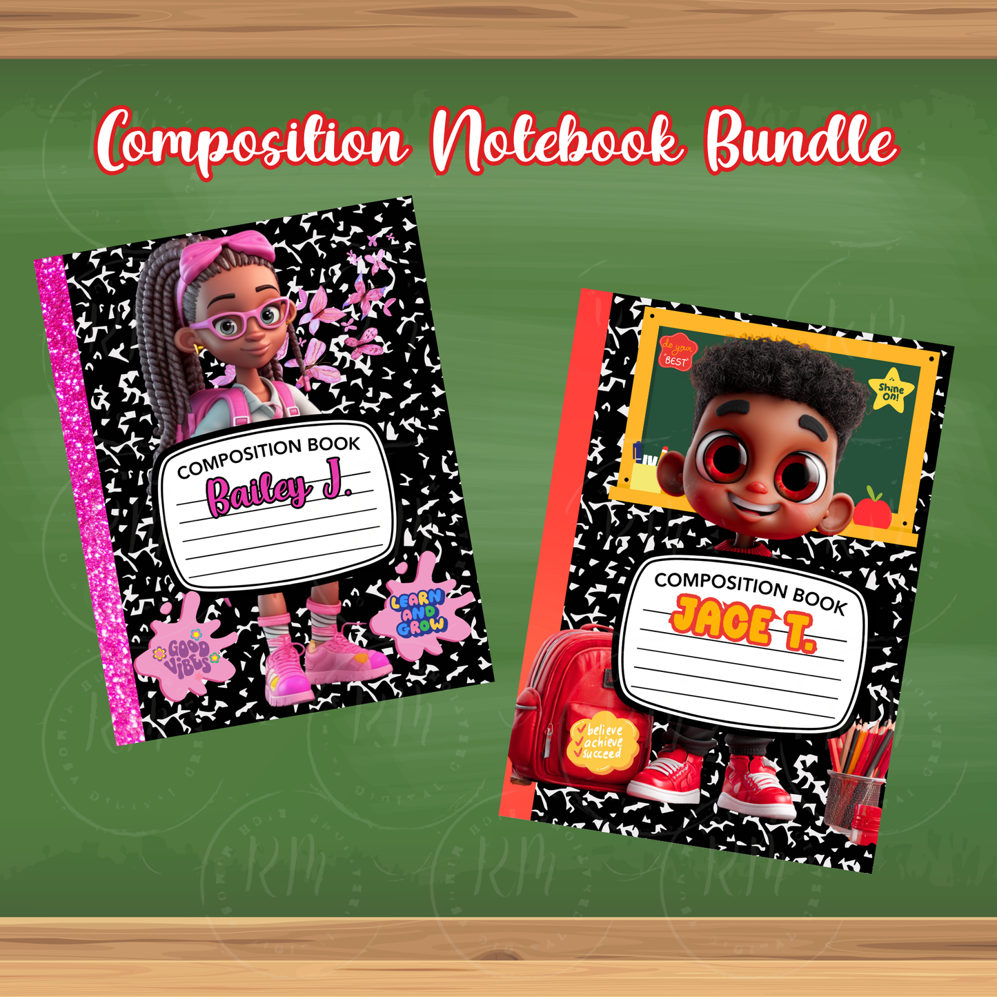 Personalized Composition Notebook Cover Bundle (2 Piece): Back to School Printable (Digital Download)