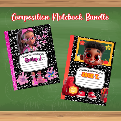Personalized Composition Notebook Cover Bundle (2 Piece): Back to School Printable (Digital Download)