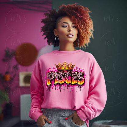 Pink Pisces Queen PNG, Zodiac Crown, Fire Flame Astrology Graphic (Digital Download)