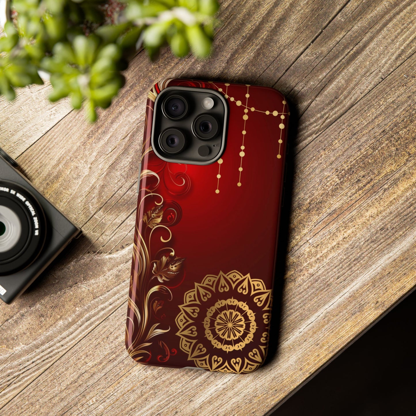 Filigree Red and Gold Tough Phone Case, Protective Cover for iPhone, Stylish Accessories for Women and Men, Durable Phone Case, Gift for Her