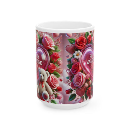 Valentine's Coffee Mug, Be My Valentine Pink Rose Bouquet Ceramic Cup, Valentine's Gift, Teddy Bear, 11oz 15oz Mug for Her, Romantic Coffee