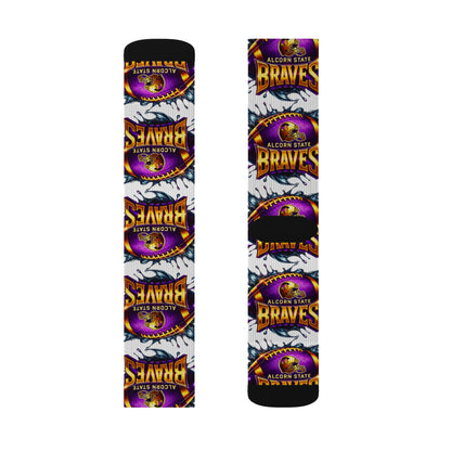 Alcorn State Braves Sublimation Socks, Custom Athletic Crew Socks, HBCU Pride Gift, Purple & Gold Fan Gear, Game Day Accessory, Gift for