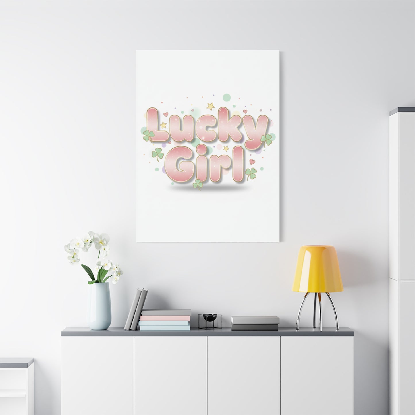 Lucky Girl mantra Canvas, Manifest Luck wall art | 2026 lucky charms, pastel metallic accents