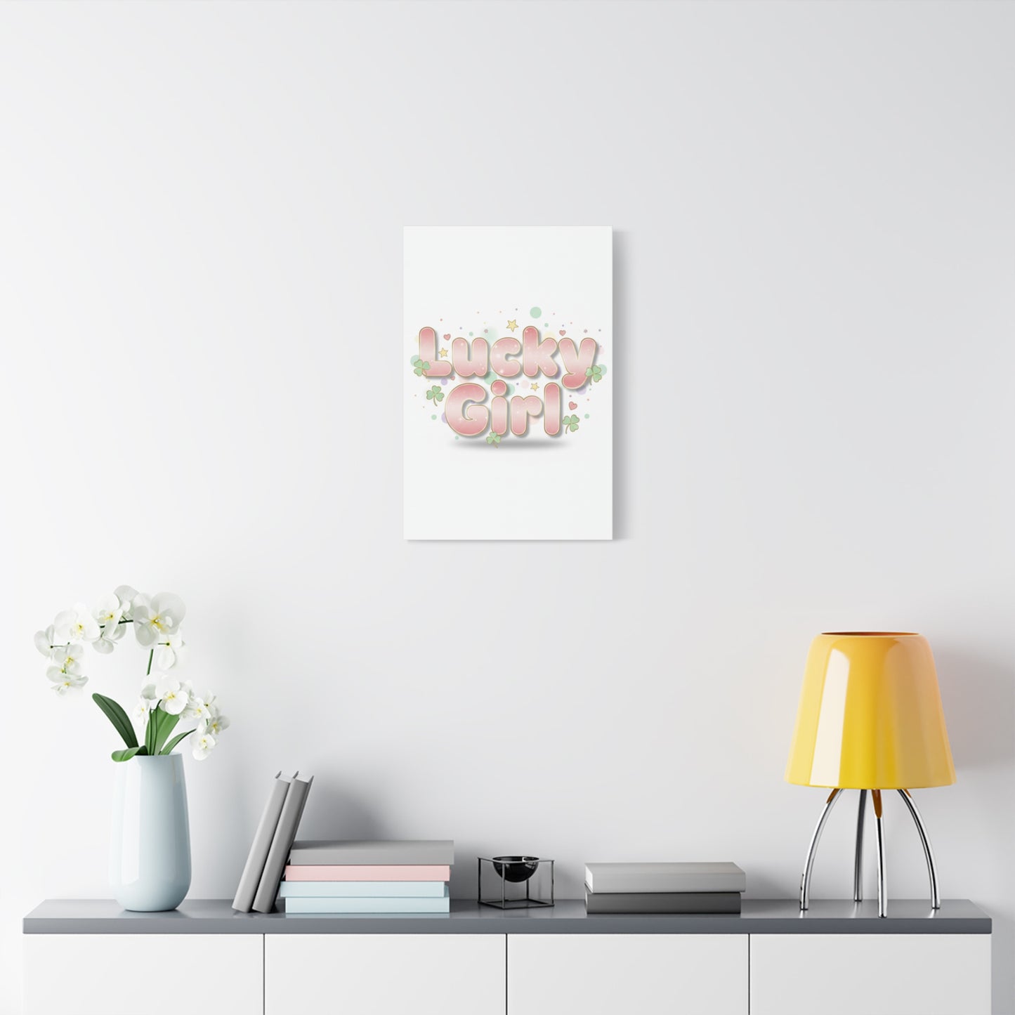 Lucky Girl mantra Canvas, Manifest Luck wall art | 2026 lucky charms, pastel metallic accents
