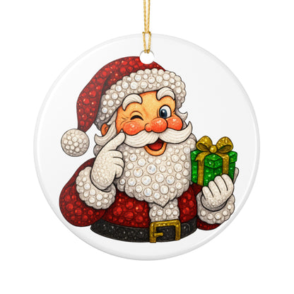 Winking Santa with Present Ceramic Ornament | Christmas Tree Decoration