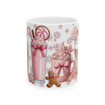 Christmas Holiday Pink Themed Ceramic Mug with Festive Drinks Design, 11oz, 15oz