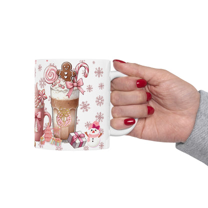 Christmas Holiday Pink Themed Ceramic Mug with Festive Drinks Design, 11oz, 15oz