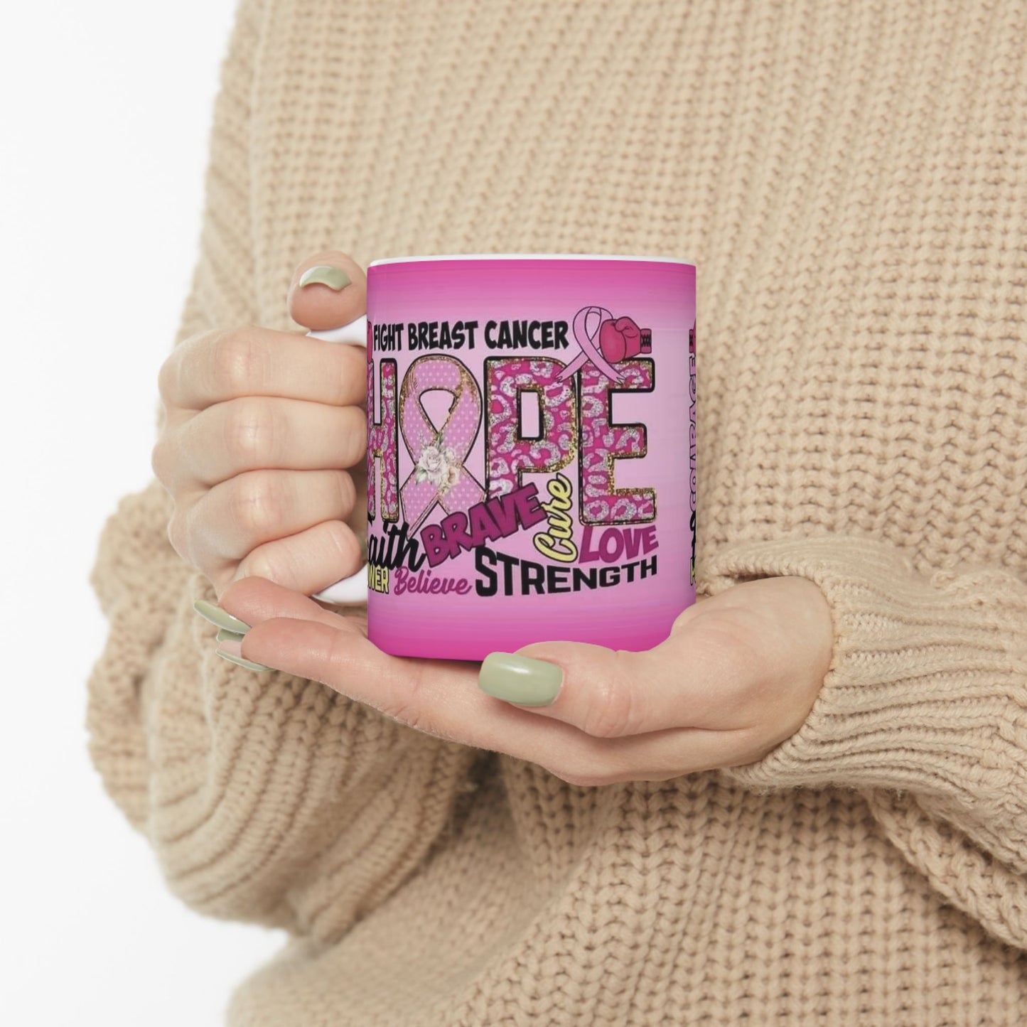 Pink Fight Breast Cancer Mug (11oz, 15oz), Cancer Survivor, Breast Cancer Coffee Cup
