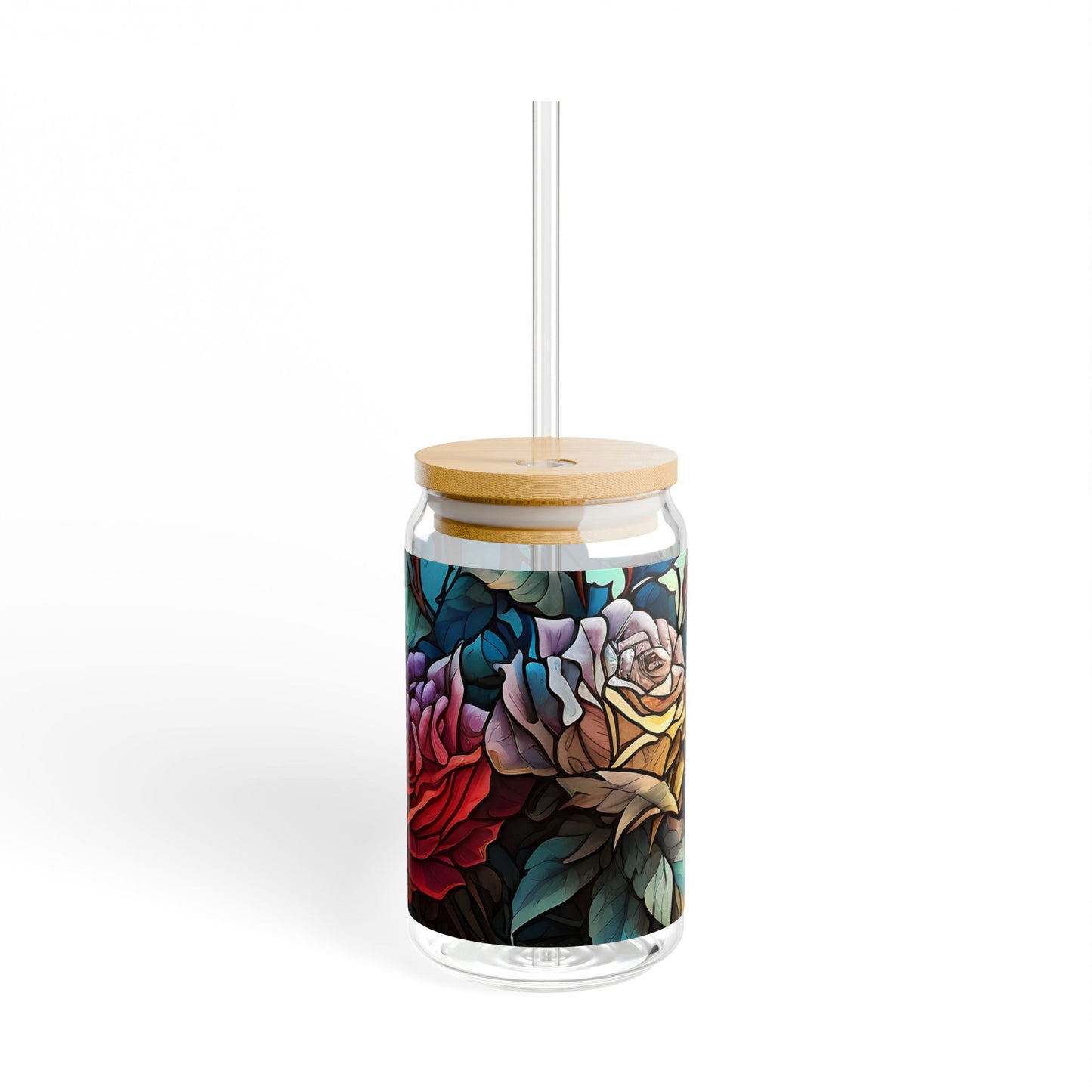 Floral Design Sipper Glass - 16oz Eco-Friendly Drinkware with Bamboo Lid