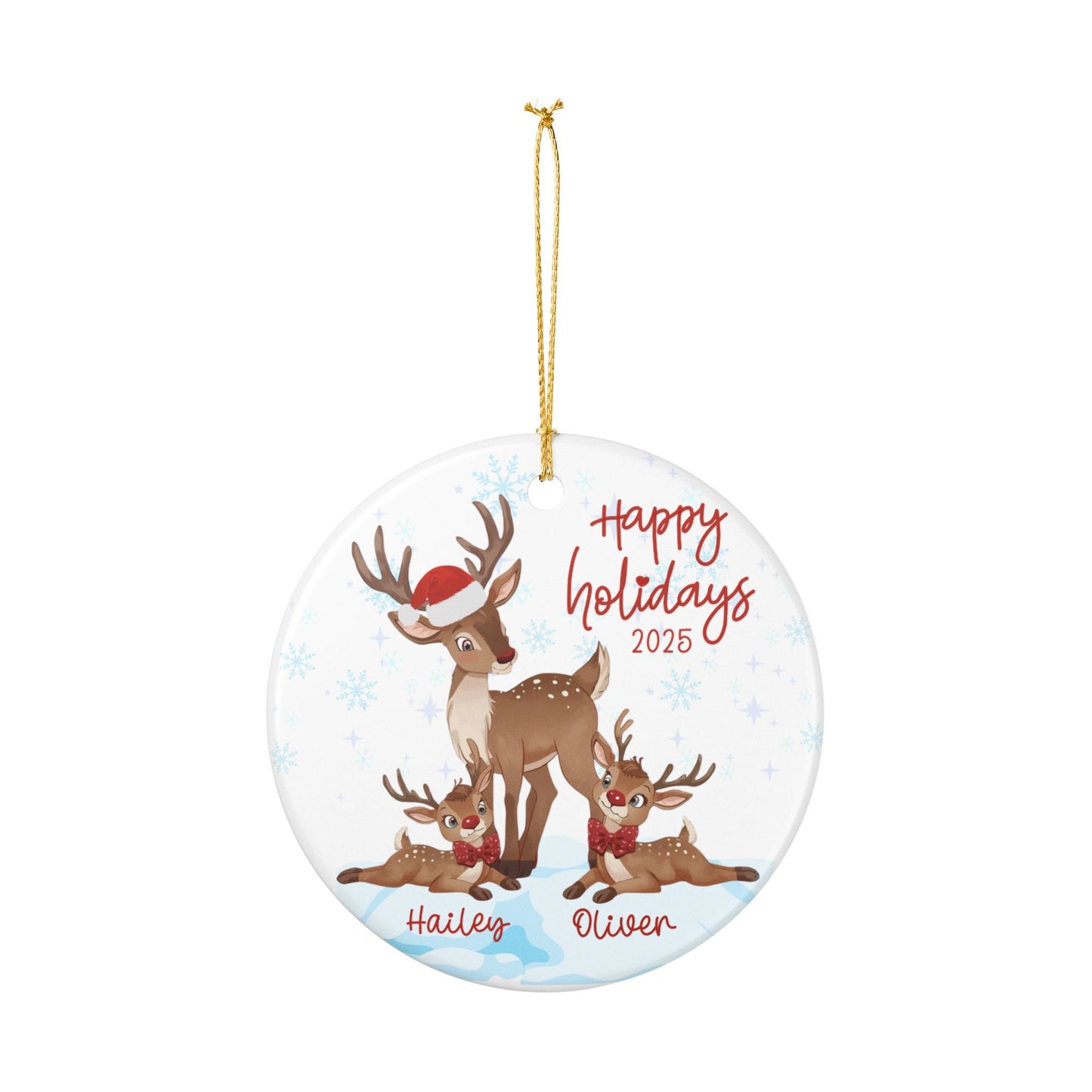 Personalized Reindeer Family Illustration Ornament | Ceramic Holiday Decoration