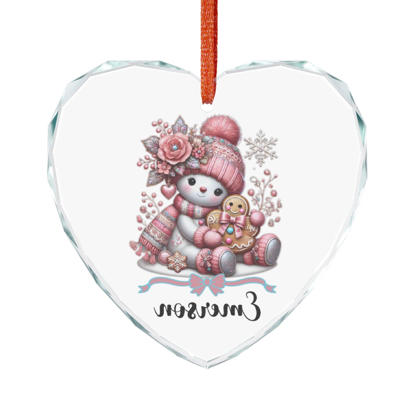 Snowman with Gingerbread Ornament Crystal Glass Ornament | Personalized Name Option