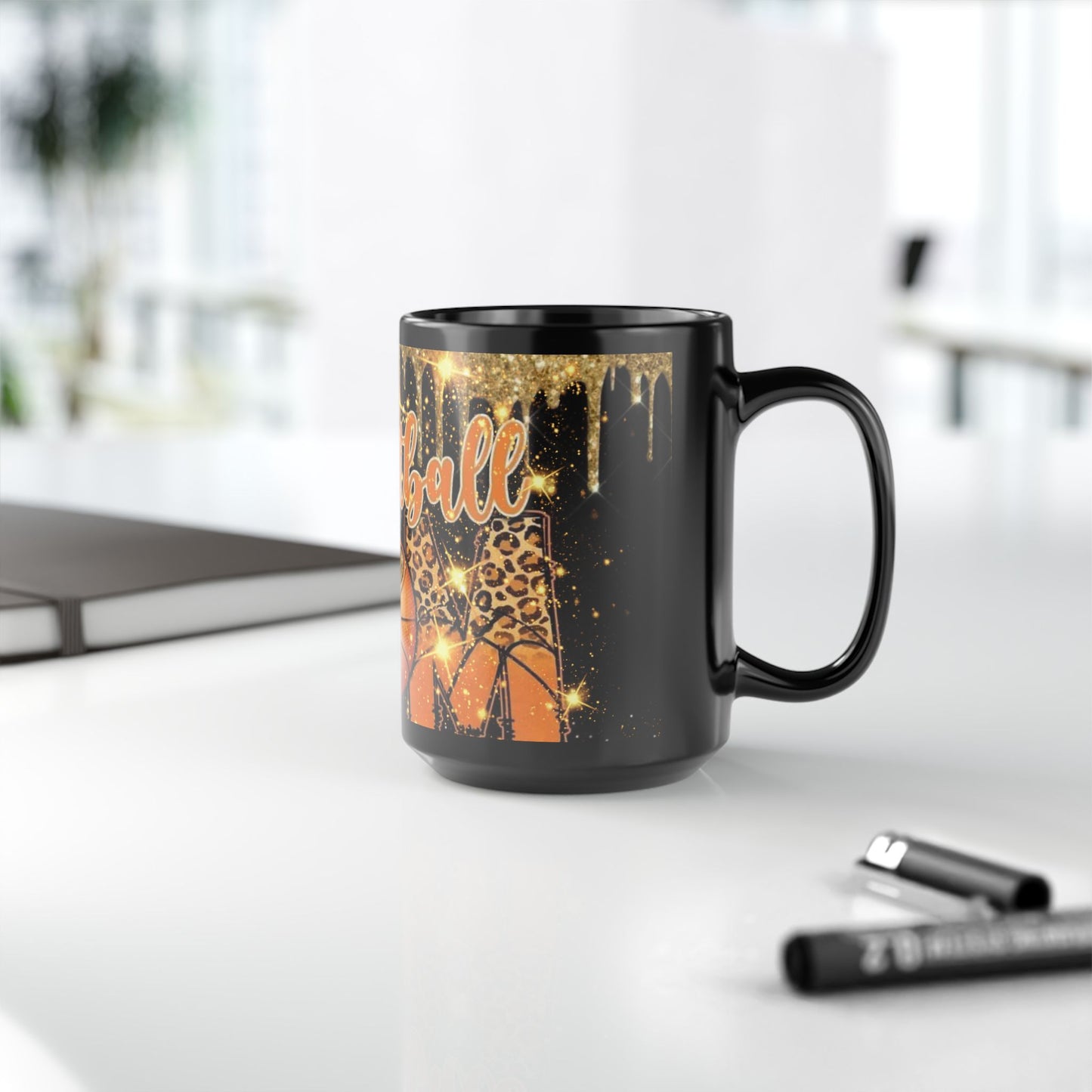 Basketball Mom Black Mug, 15oz with Dripping Gold Design and Sparkles - Gift for Sports Moms, Basketball Fans - Christmas Present, Birthday