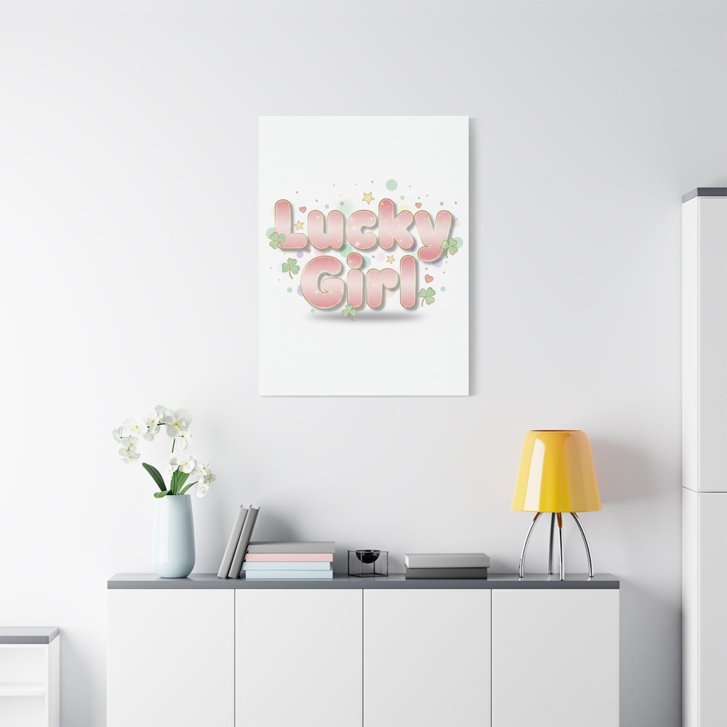 Lucky Girl mantra Canvas, Manifest Luck wall art | 2026 lucky charms, pastel metallic accents