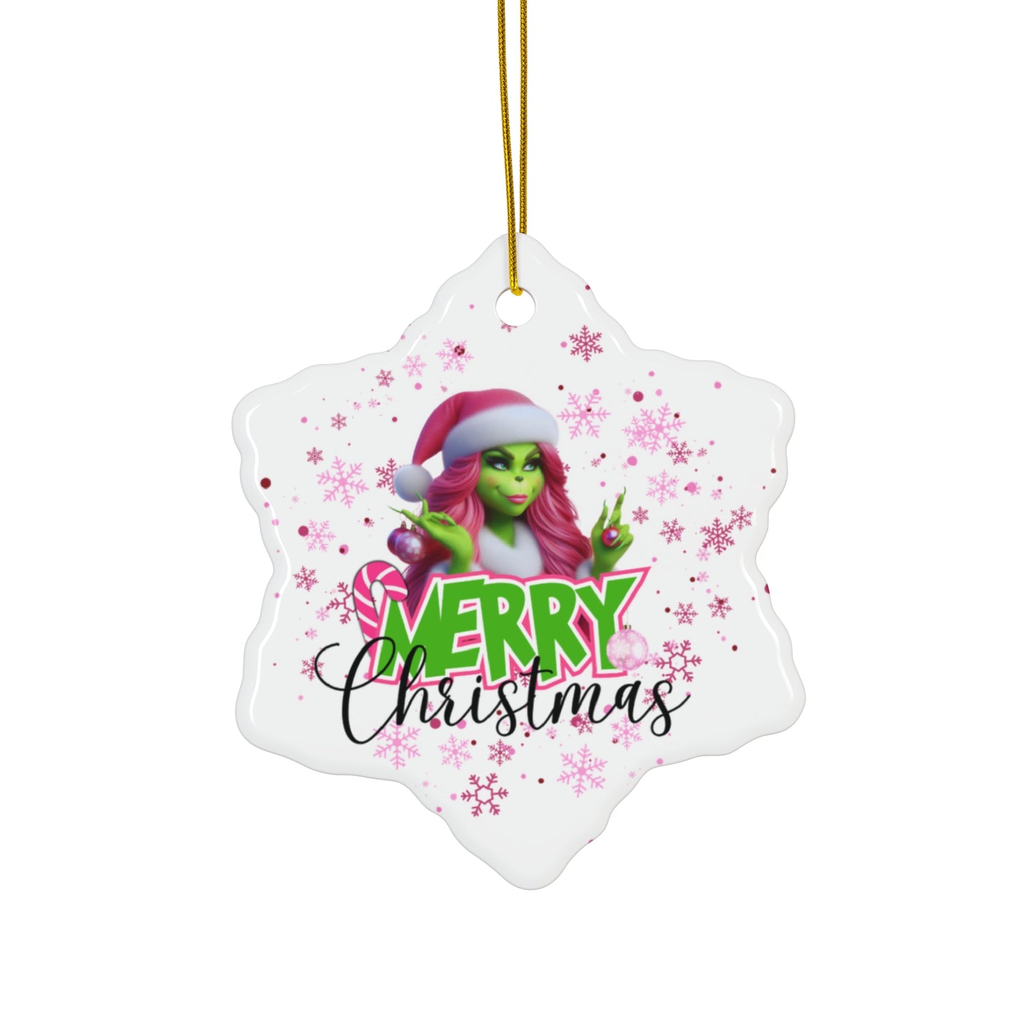 Grinch Merry Christmas Ceramic Ornament, Pink Ms. Grinch Circle & Snowflake Christmas Ornament, Christmas Gift Idea, Holiday Decor