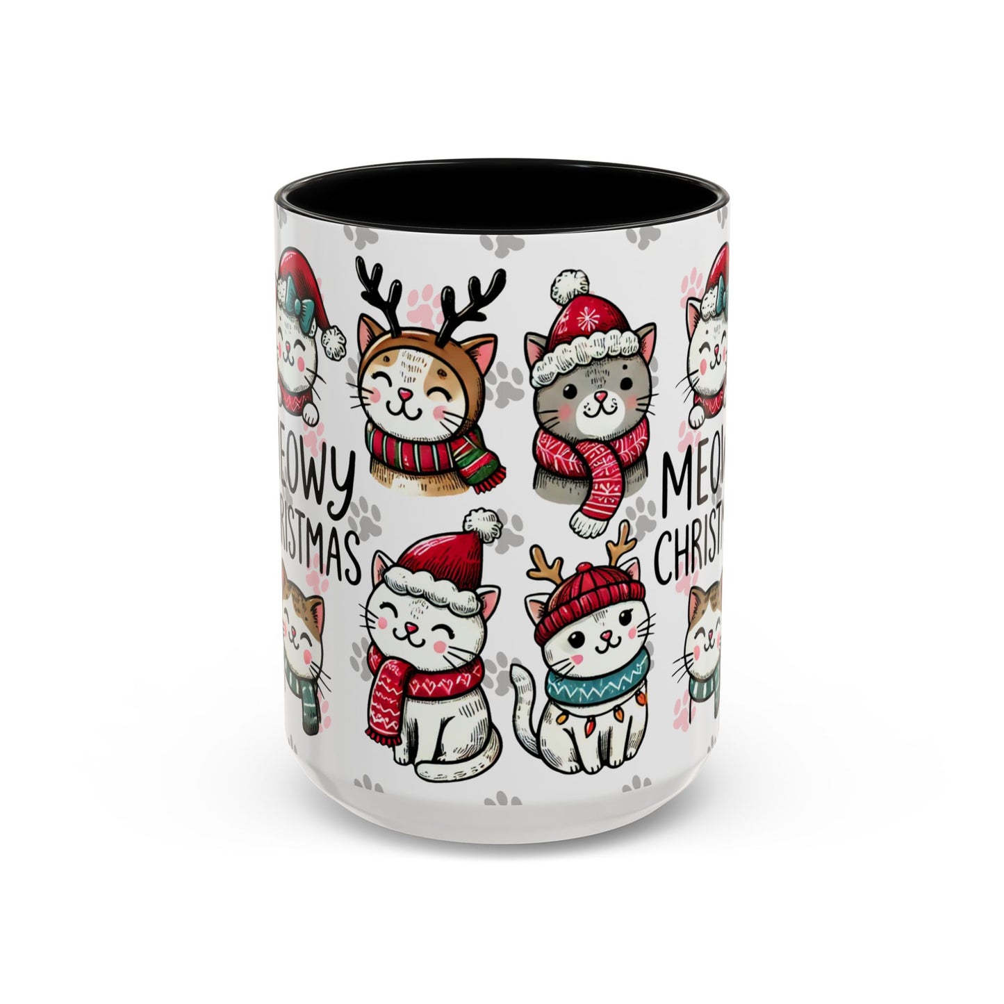 Meowy Christmas Cat Paw Accent Coffee Mug | Cats in Hats Scarves Antlers