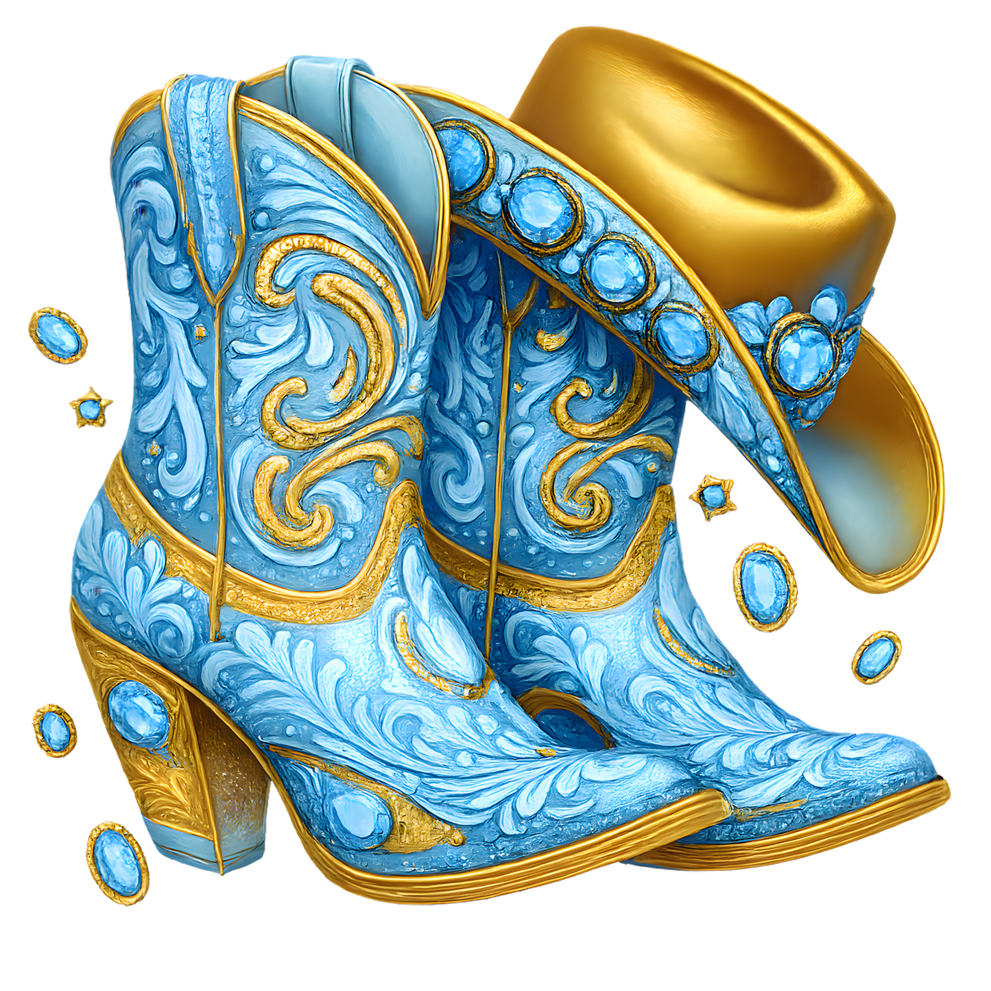 *FREEBIE* Light Blue and Gold Rhinestone Cowgirl Boots PNG