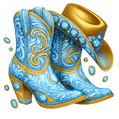 *FREEBIE* Light Blue and Gold Rhinestone Cowgirl Boots PNG