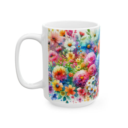 Vibrant Floral Ceramic Mug - Colorful Garden Coffee Cup for Spring, Gift for Flower Lovers, Home Decor, Mother's Day, Birthday