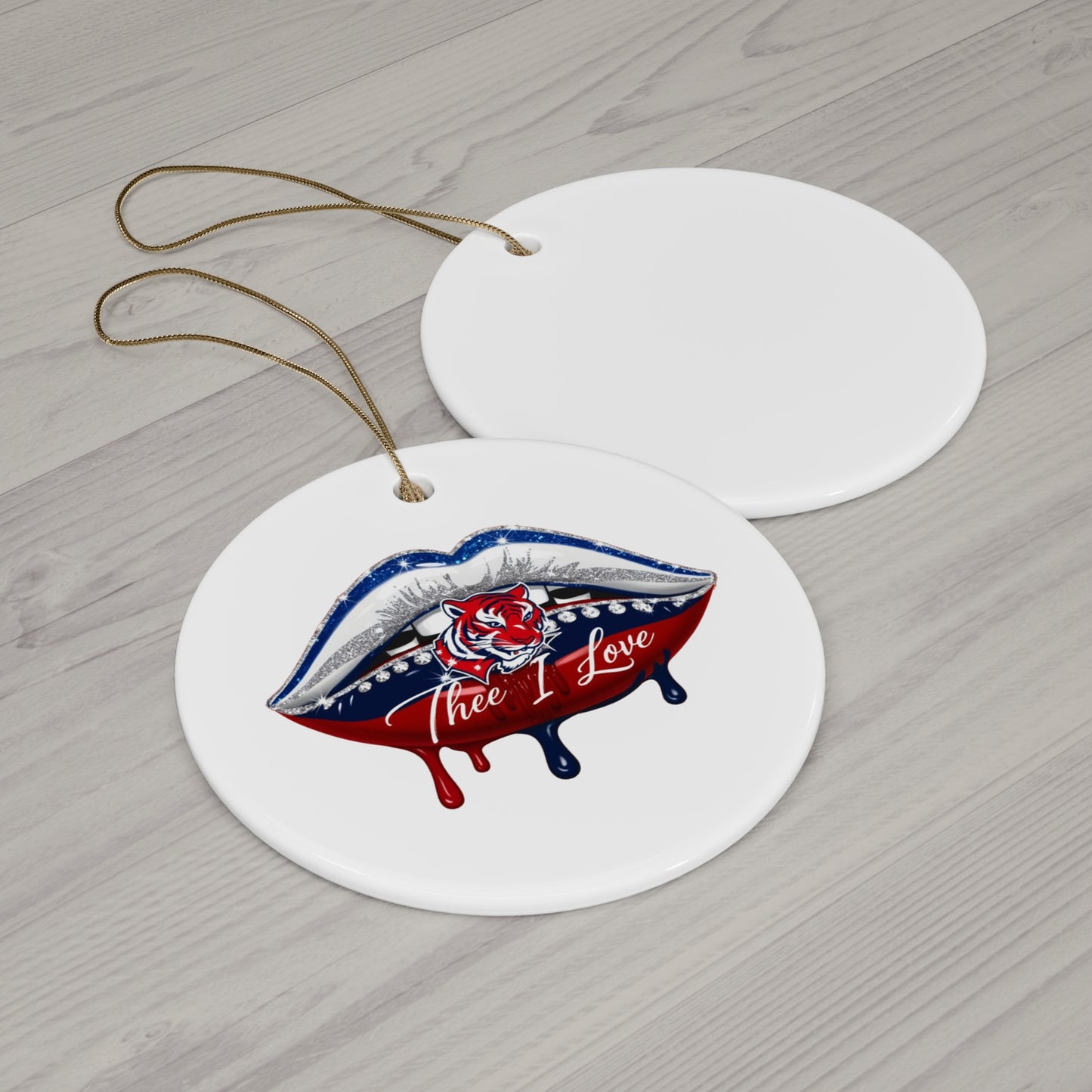 Ceramic Ornament, JSU Lips with Red Tiger Design, Thee I Love, Home Decor, Holiday Decoration, Christmas Ornament