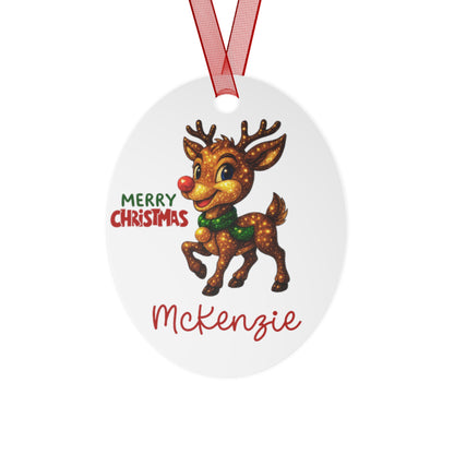 Reindeer with Rudolph Nose Metal Ornament | Merry Christmas, Personalized Name