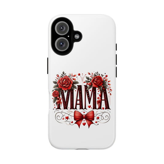 Phone Case, Tough Case for Women, Protective Phone Covers, Floral Mama Design, Red Roses and Coquette Bow, iPhone Accessories