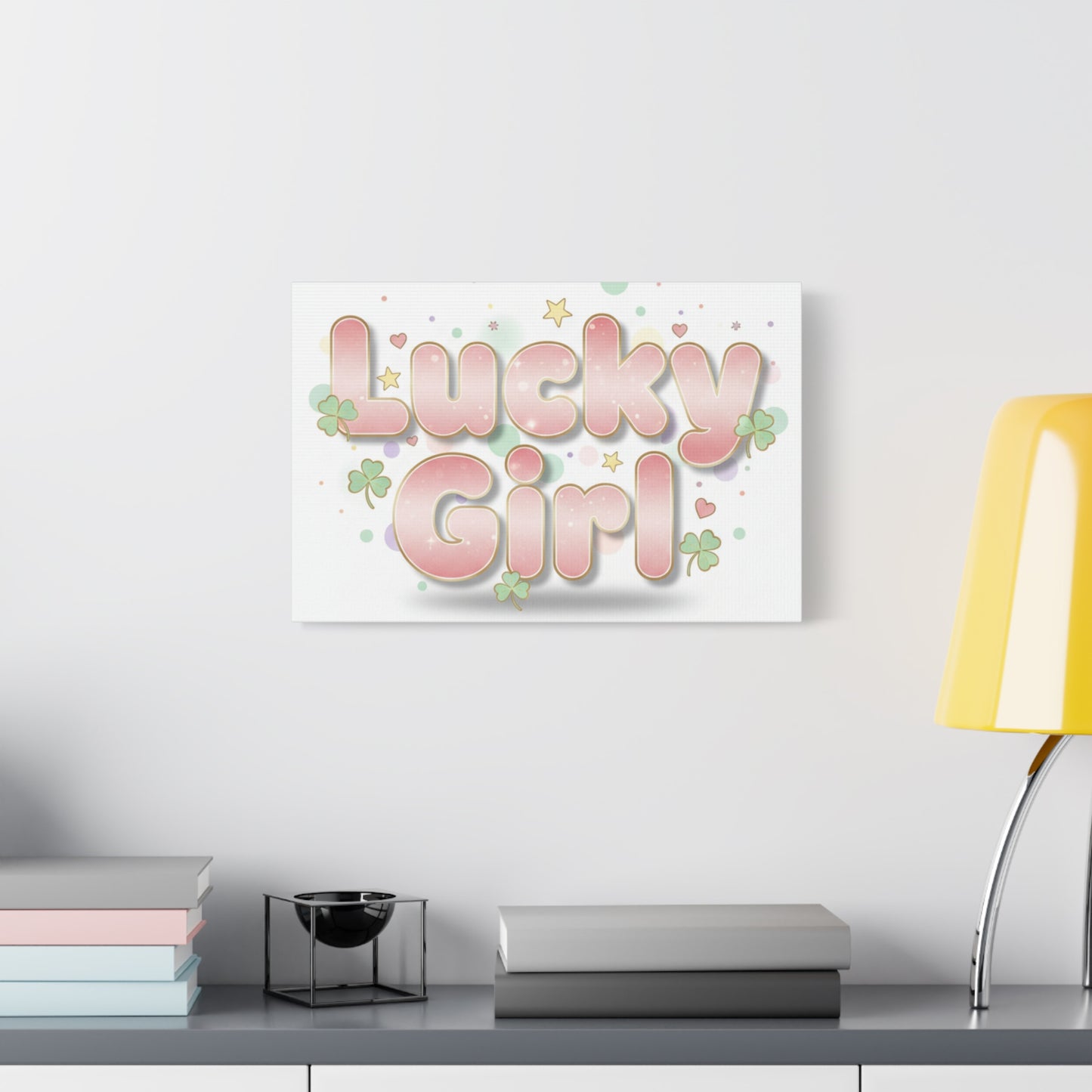Lucky Girl mantra Canvas, Manifest Luck wall art | 2026 lucky charms, pastel metallic accents