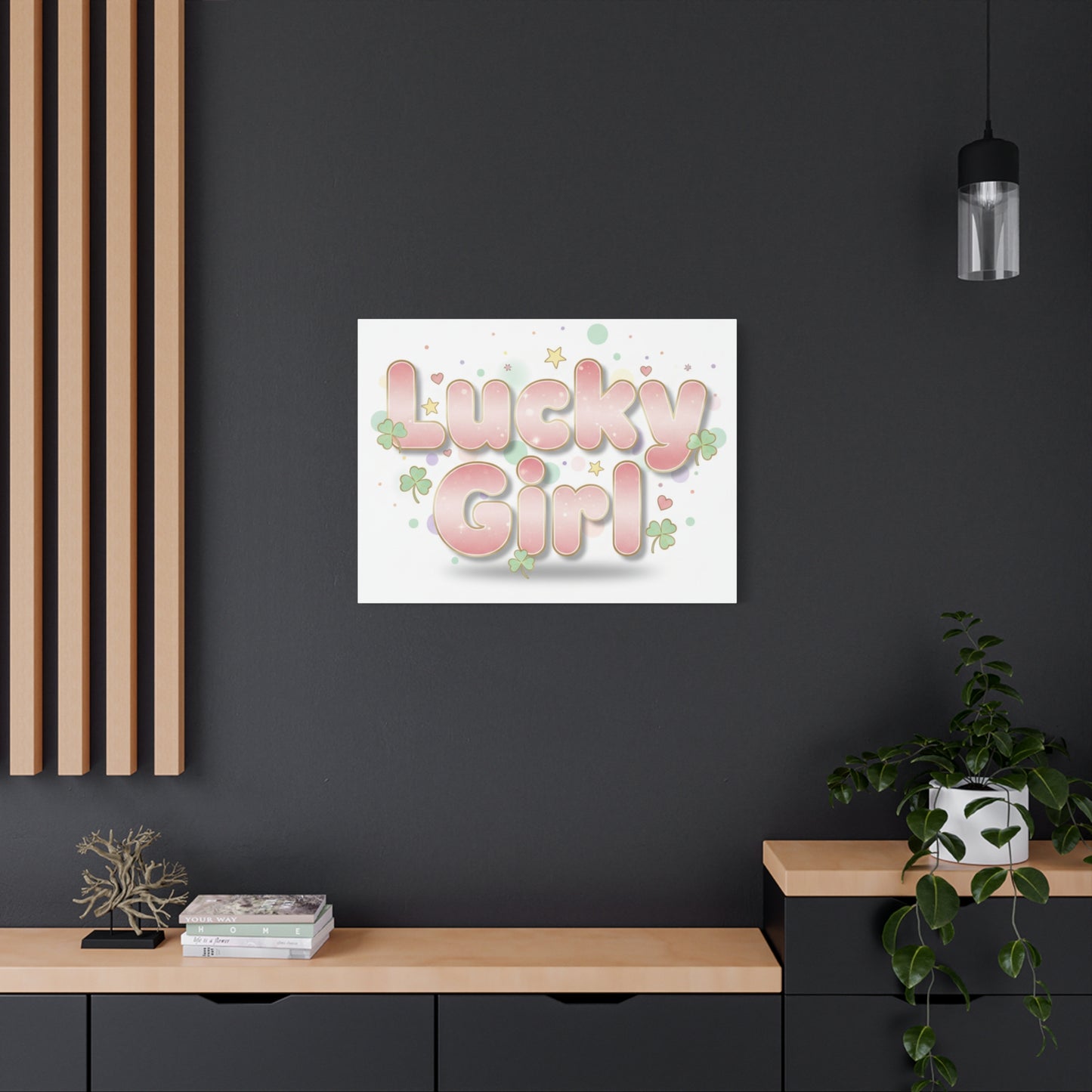 Lucky Girl mantra Canvas, Manifest Luck wall art | 2026 lucky charms, pastel metallic accents