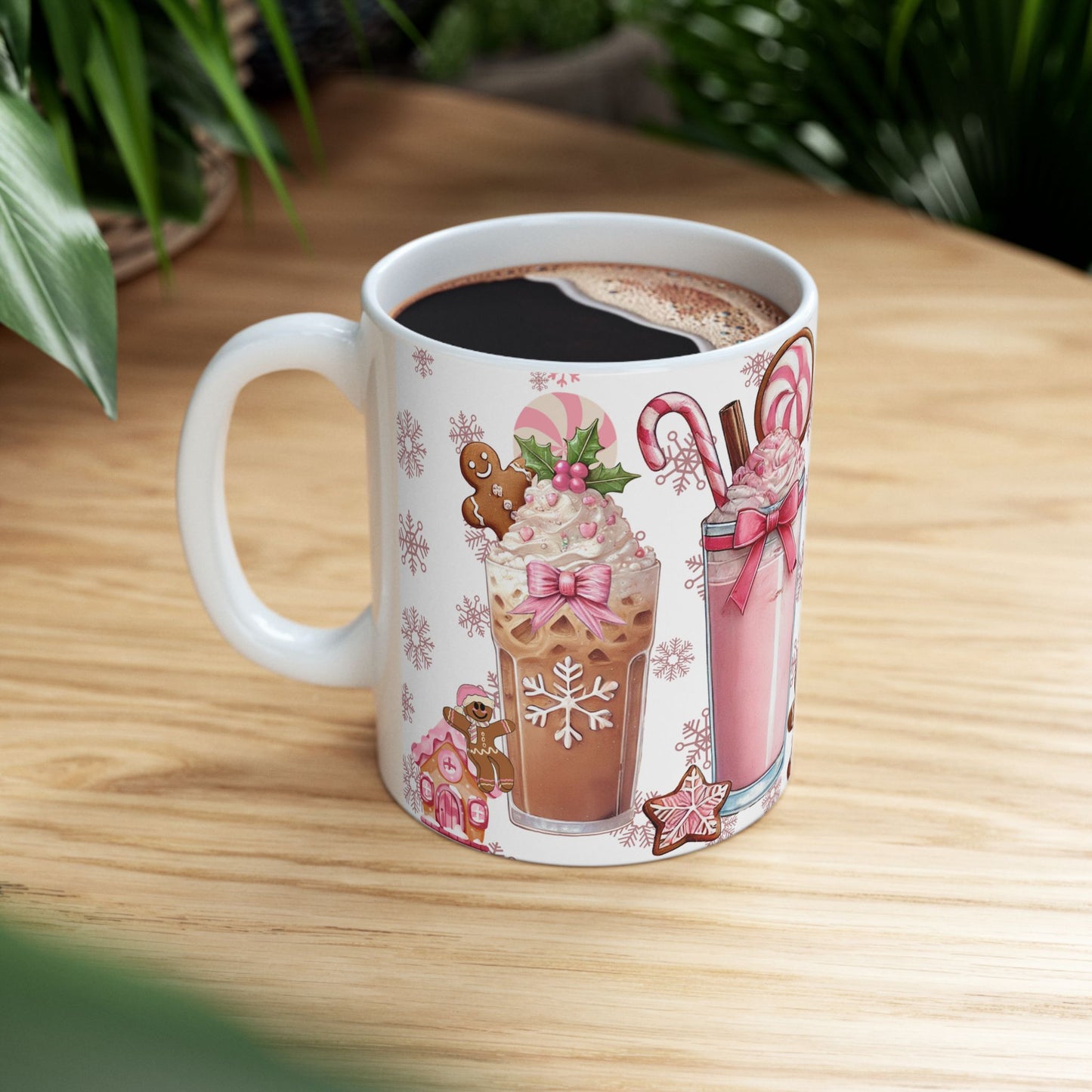 Christmas Holiday Pink Themed Ceramic Mug with Festive Drinks Design, 11oz, 15oz