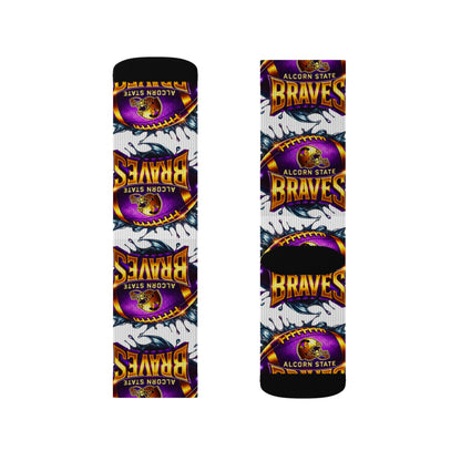 Alcorn State Braves Sublimation Socks, Custom Athletic Crew Socks, HBCU Pride Gift, Purple & Gold Fan Gear, Game Day Accessory, Gift for