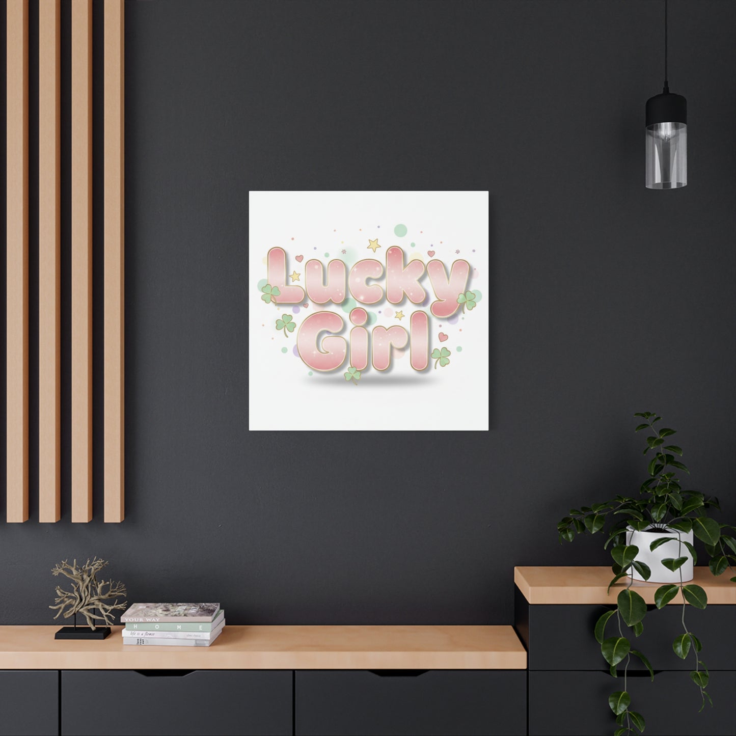 Lucky Girl mantra Canvas, Manifest Luck wall art | 2026 lucky charms, pastel metallic accents
