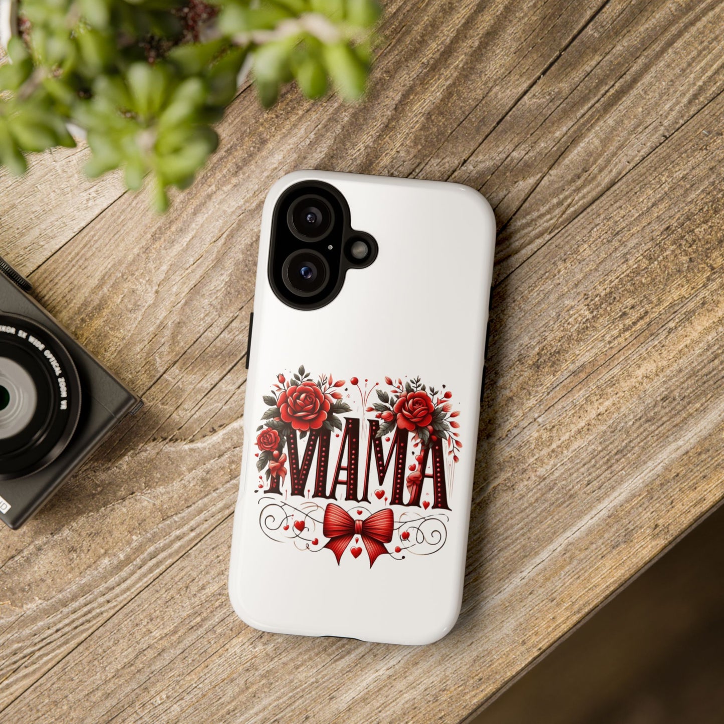 Phone Case, Tough Case for Women, Protective Phone Covers, Floral Mama Design, Red Roses and Coquette Bow, iPhone Accessories