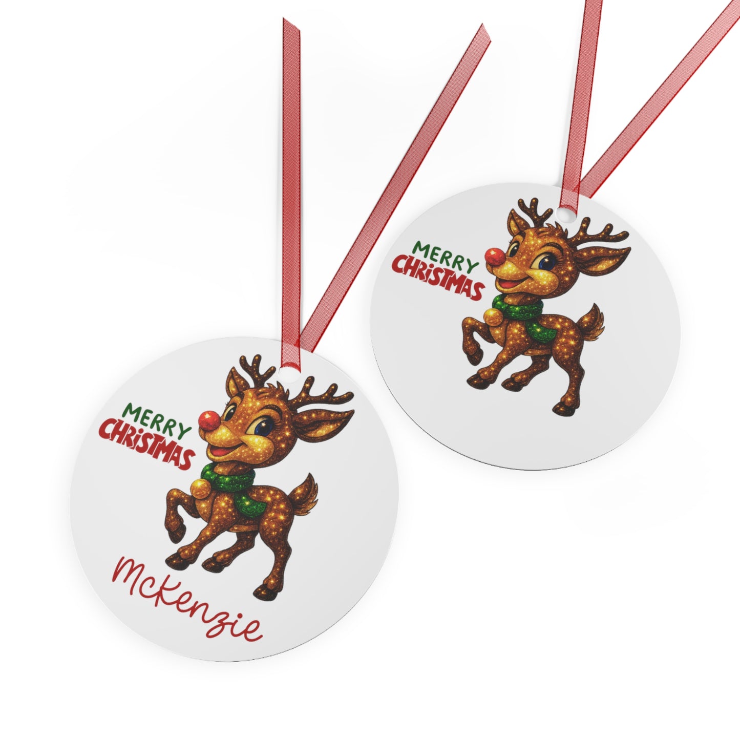 Reindeer with Rudolph Nose Metal Ornament | Merry Christmas, Personalized Name