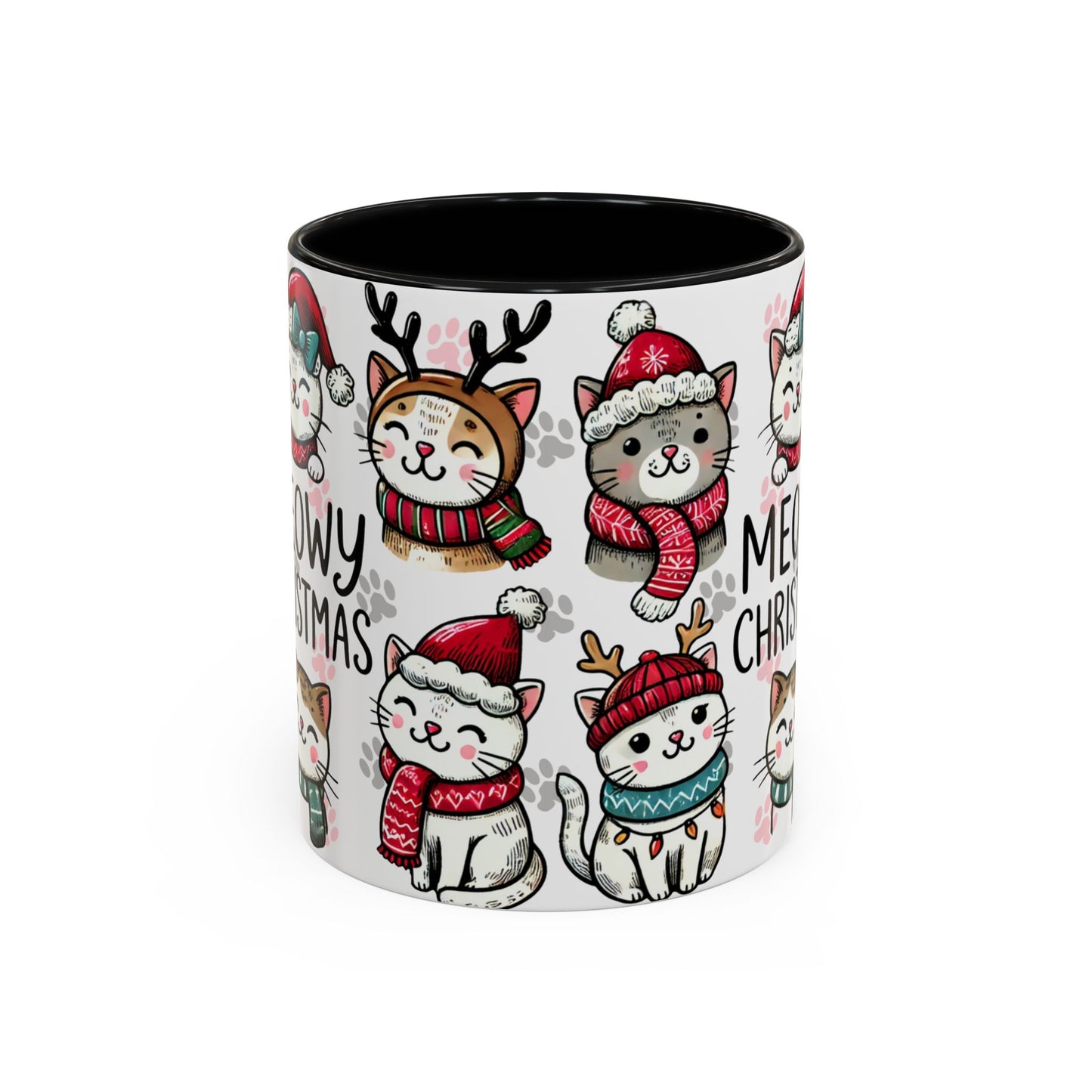 Meowy Christmas Cat Paw Accent Coffee Mug | Cats in Hats Scarves Antlers
