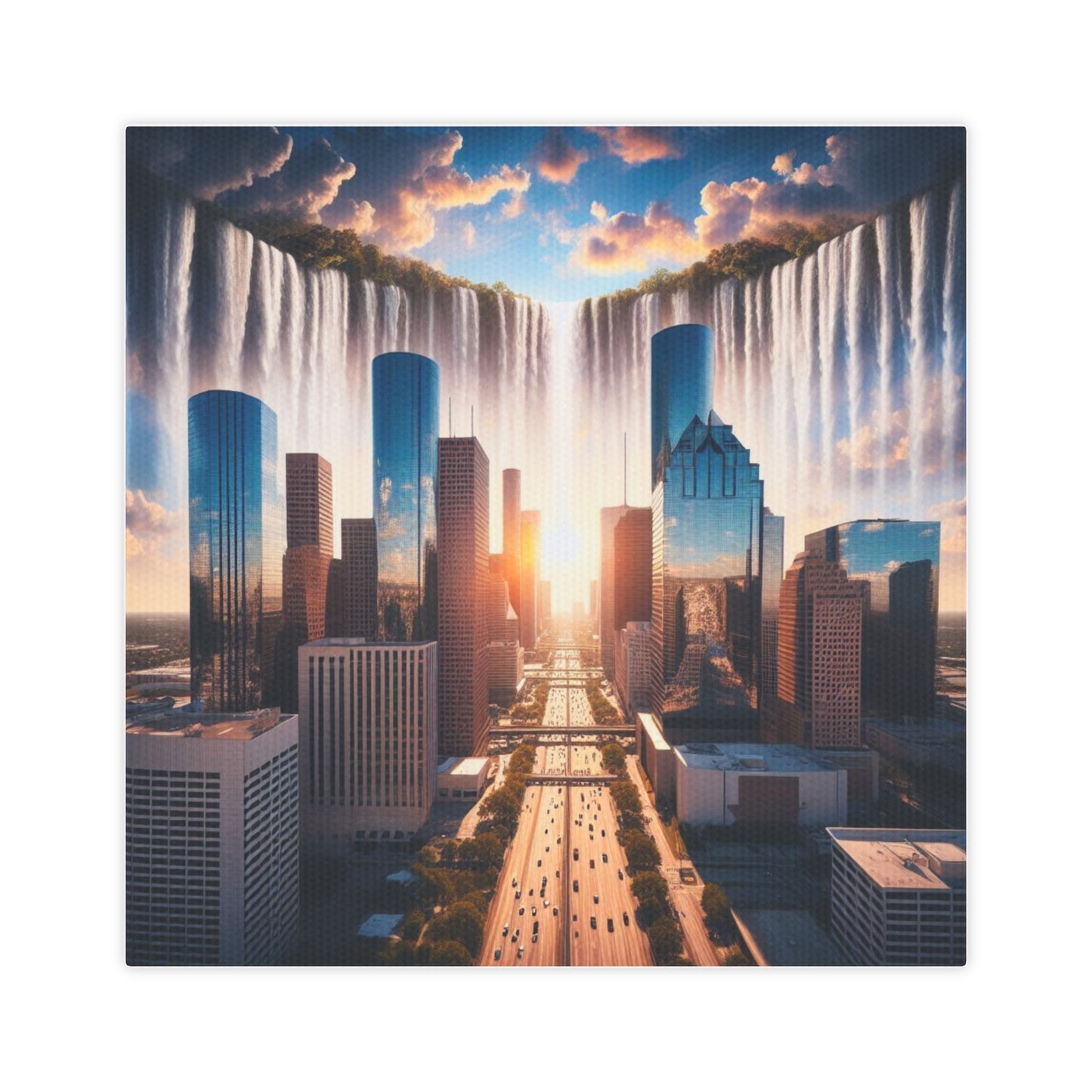 Wall Art, Canvas Print, Waterfall Art, Home Decor, Texas Artwork, Downtown Houston Skyline Canvas, Waterfall in the Houston Skyline, Downtown Houston Waterfall Canvas 8x8