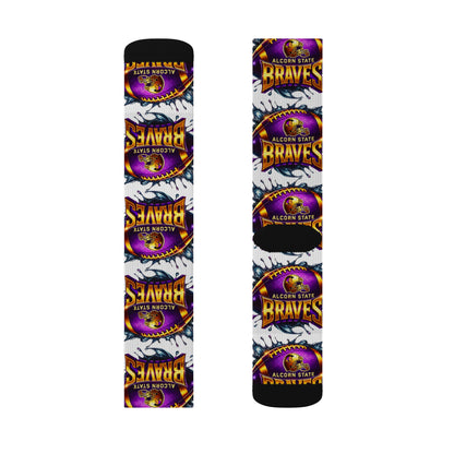 Alcorn State Braves Sublimation Socks, Custom Athletic Crew Socks, HBCU Pride Gift, Purple & Gold Fan Gear, Game Day Accessory, Gift for
