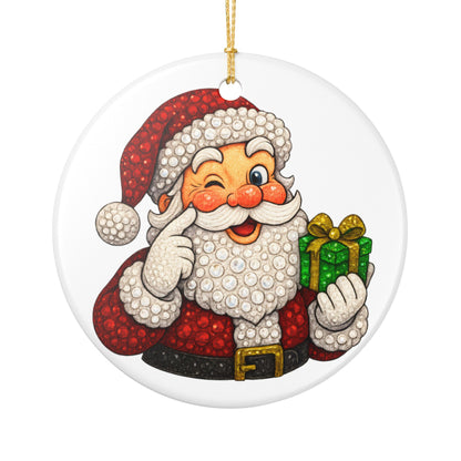 Winking Santa with Present Ceramic Ornament | Christmas Tree Decoration