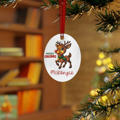 Reindeer with Rudolph Nose Metal Ornament | Merry Christmas, Personalized Name