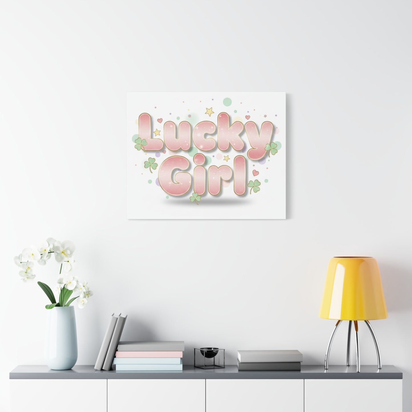 Lucky Girl mantra Canvas, Manifest Luck wall art | 2026 lucky charms, pastel metallic accents